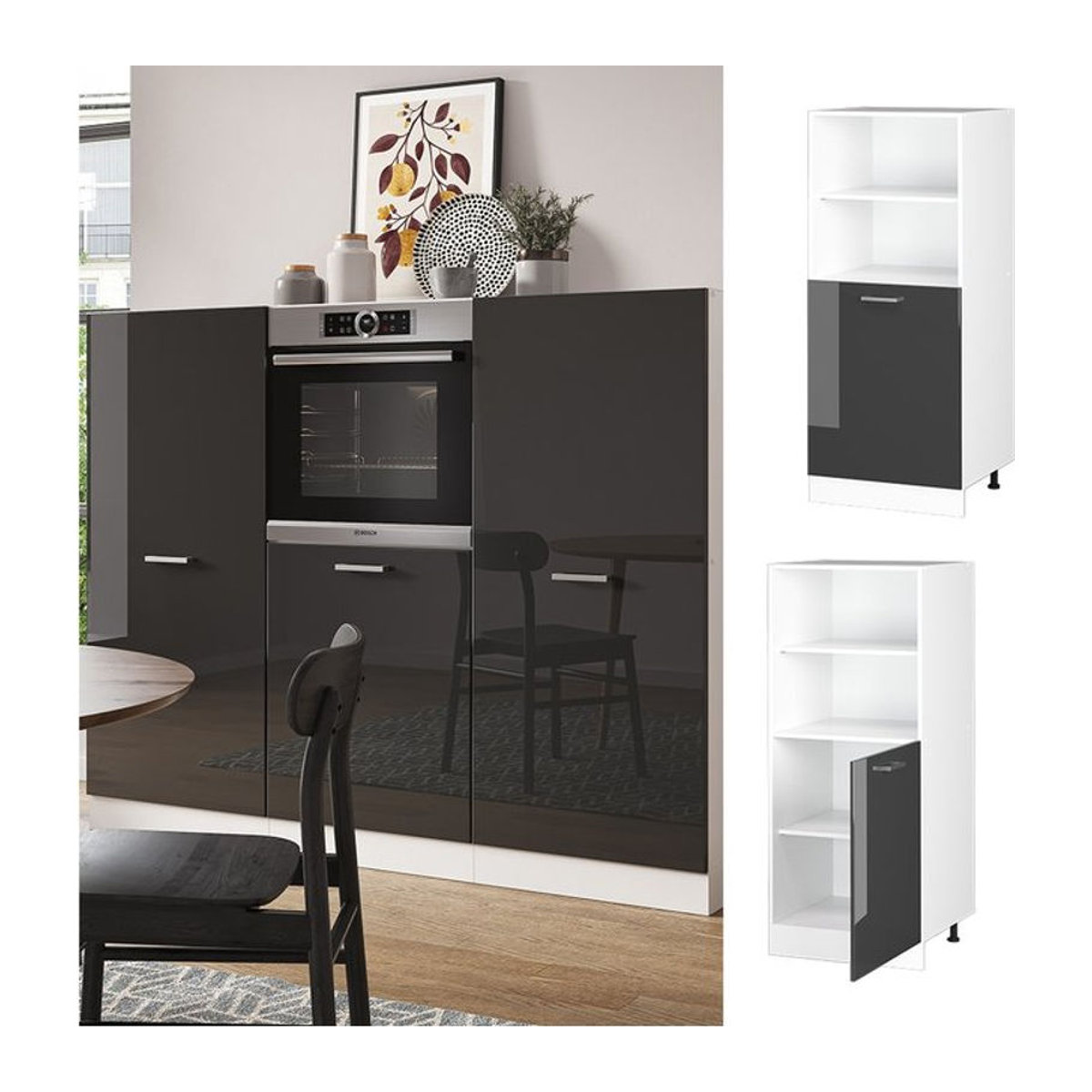 Vicco R-Line Backofenumbauschrank Küchenschrank in Weiß und Anthrazit mit Hochglanz-Finish und Drehtüren, Breite: 60 cm - Bild 1