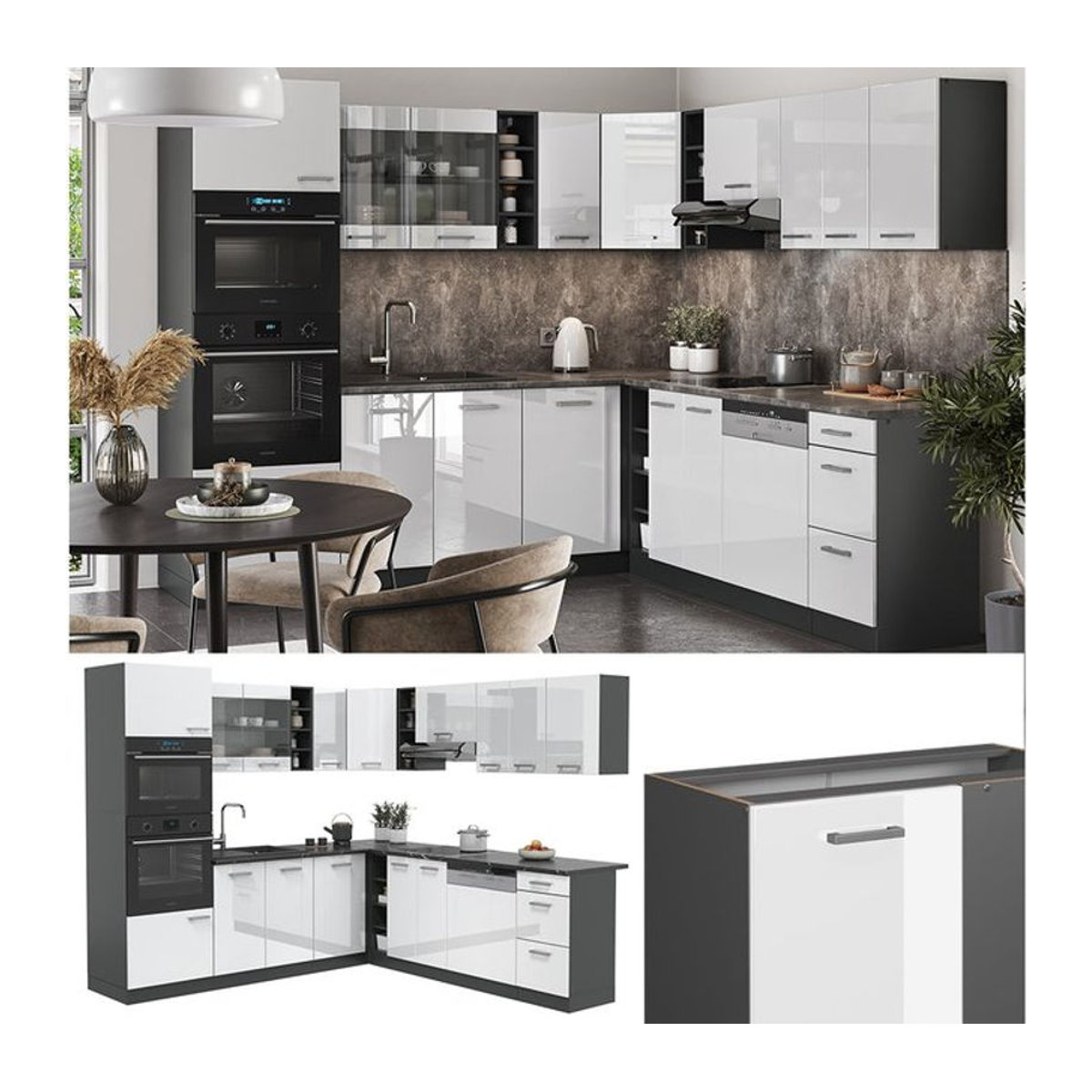 Vicco R-Line Eckküche als moderne Einbauküche in Anthrazit und Weiß mit Hochglanz-Finish - Bild 1