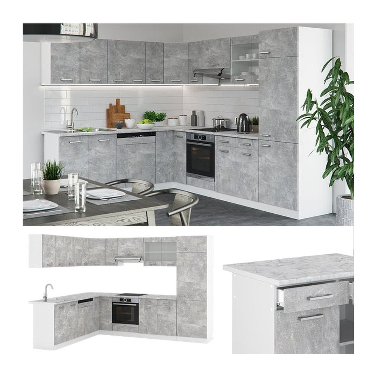 Vicco R-Line Eckküche als moderne Küchenzeile in Beton-Optik und Grau mit Arbeitsplatten - Bild 1