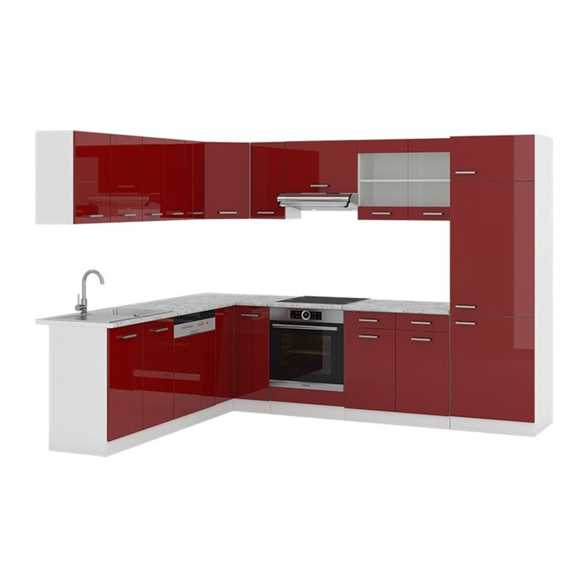 Vicco R-Line Eckküche als moderne Küchenzeile in Rot Bordeaux Hochglanz mit Drehtüren - Bild 1