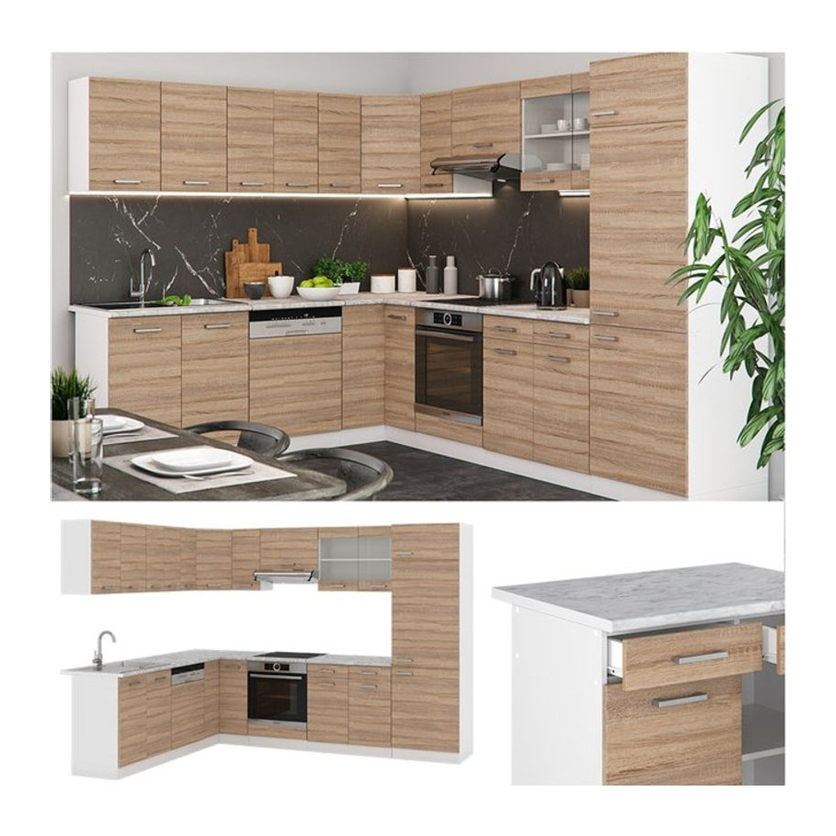 Vicco R-Line Eckküche als moderne Winkelküche in Eiche Natur mit Drehtüren - Bild 1