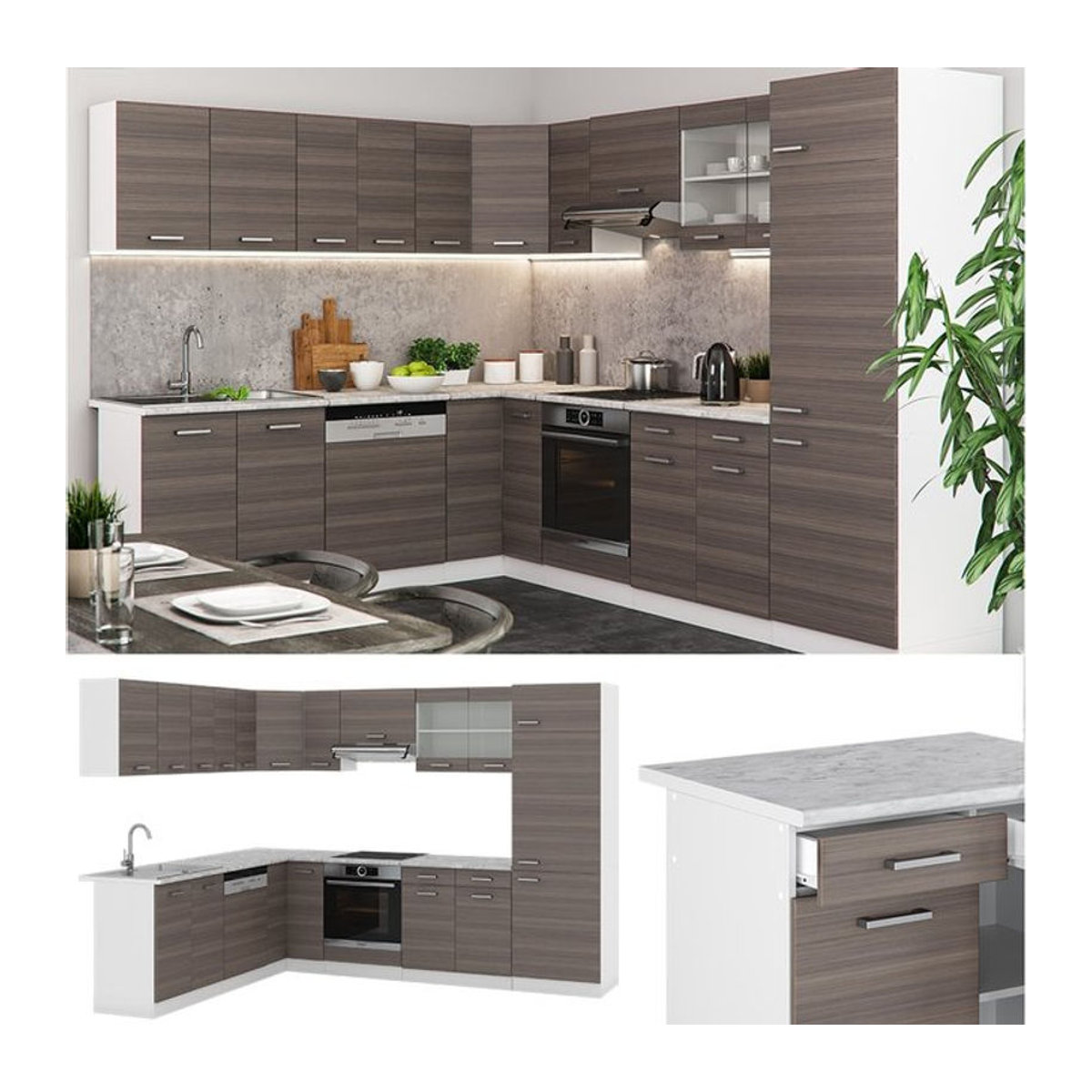 Vicco R-Line Eckküche als moderne Winkelküche in Grau mit Drehtüren - Bild 1