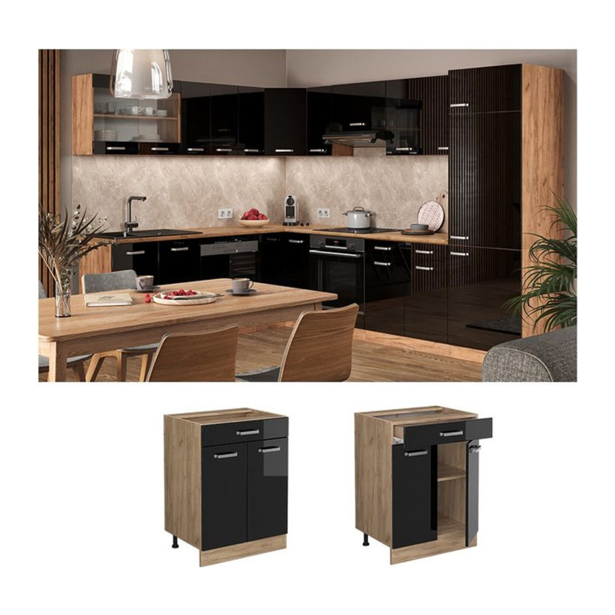 Vicco R-Line Küchenunterschrank mit Drehtüren in Eiche Natur, Blau und Grau, Breite: 60 cm - Bild 1