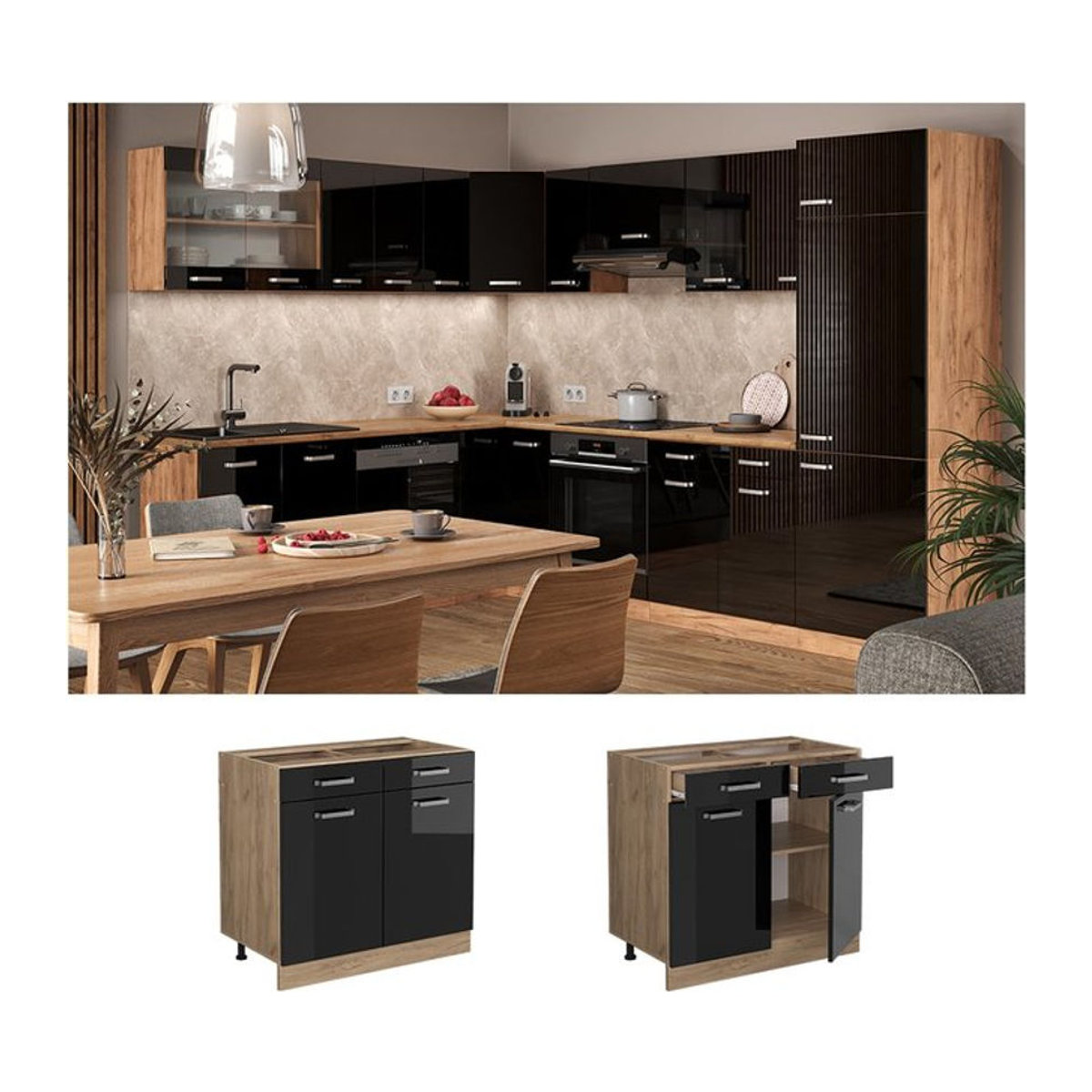 Vicco R-Line Küchenunterschrank mit Drehtüren in Eiche Natur, Blau und Grau, Breite: 80 cm - Bild 1