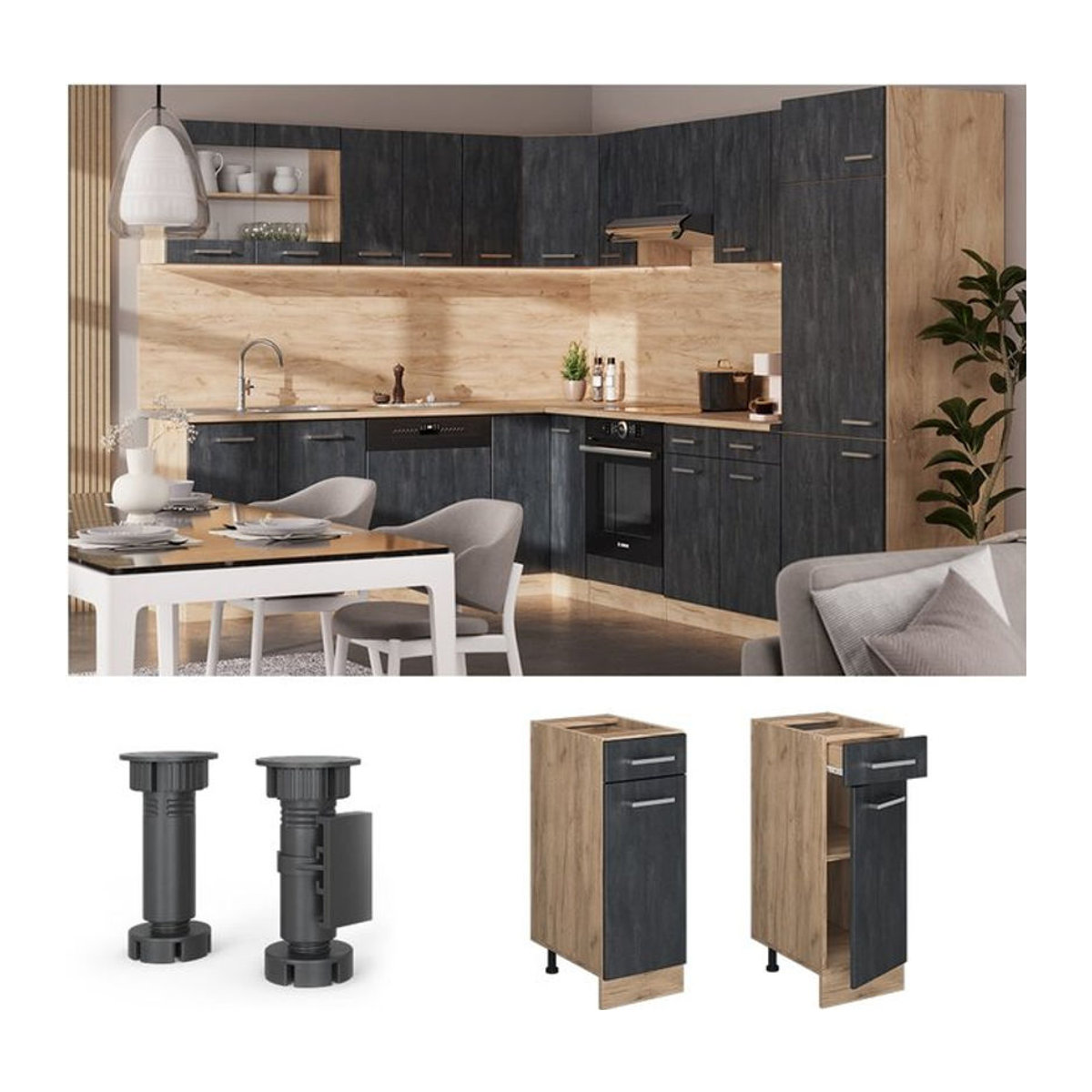 Vicco R-Line Schubunterschrank in Schwarz Beton Eiche mit Arbeitsplatte in Anthrazit Breite: 30 cm - Bild 1