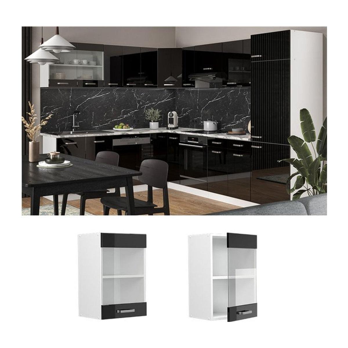 Vicco R-Line Solid Glashängeschrank mit Drehtüren in Weiß und Schwarz, Breite: 40 cm - Bild 1