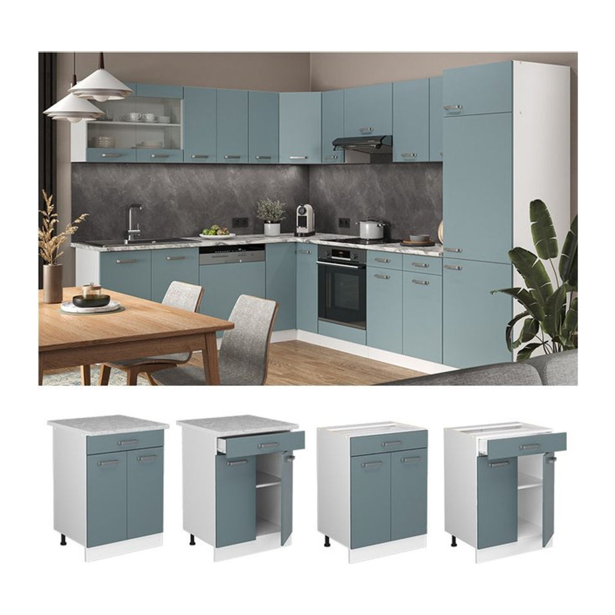 Vicco R-Line Solid Küchenunterschrank mit Drehtüren in Weiß, Blau und Grau, Breite: 60 cm - Bild 1