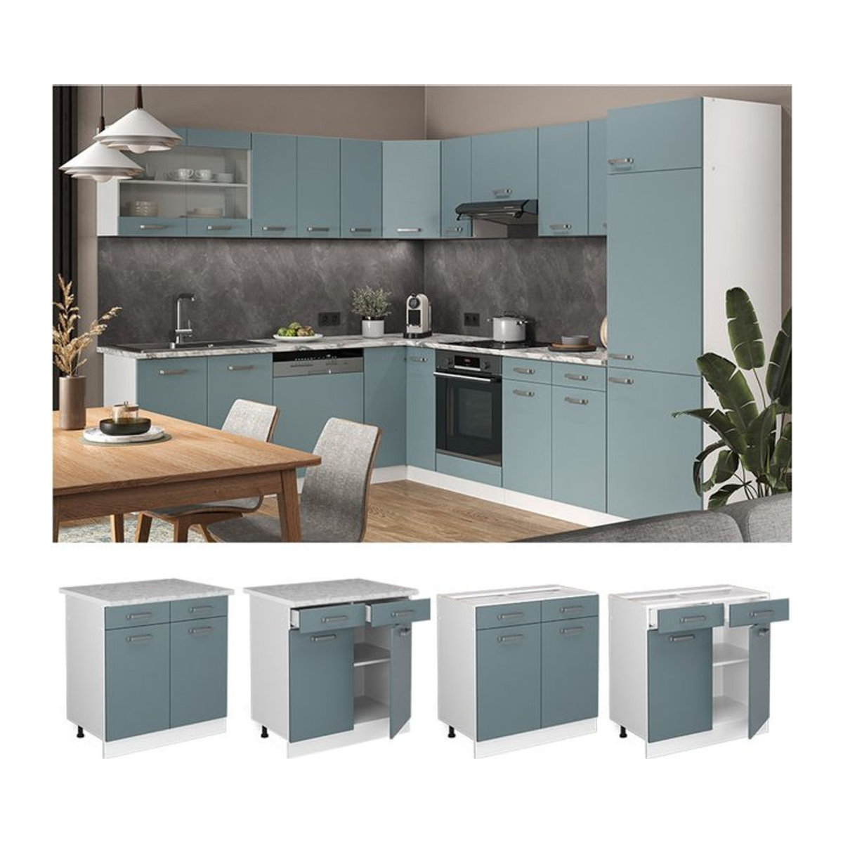 Vicco R-Line Solid Küchenunterschrank mit Drehtüren in Weiß, Blau und Grau, Breite: 80 cm - Bild 1