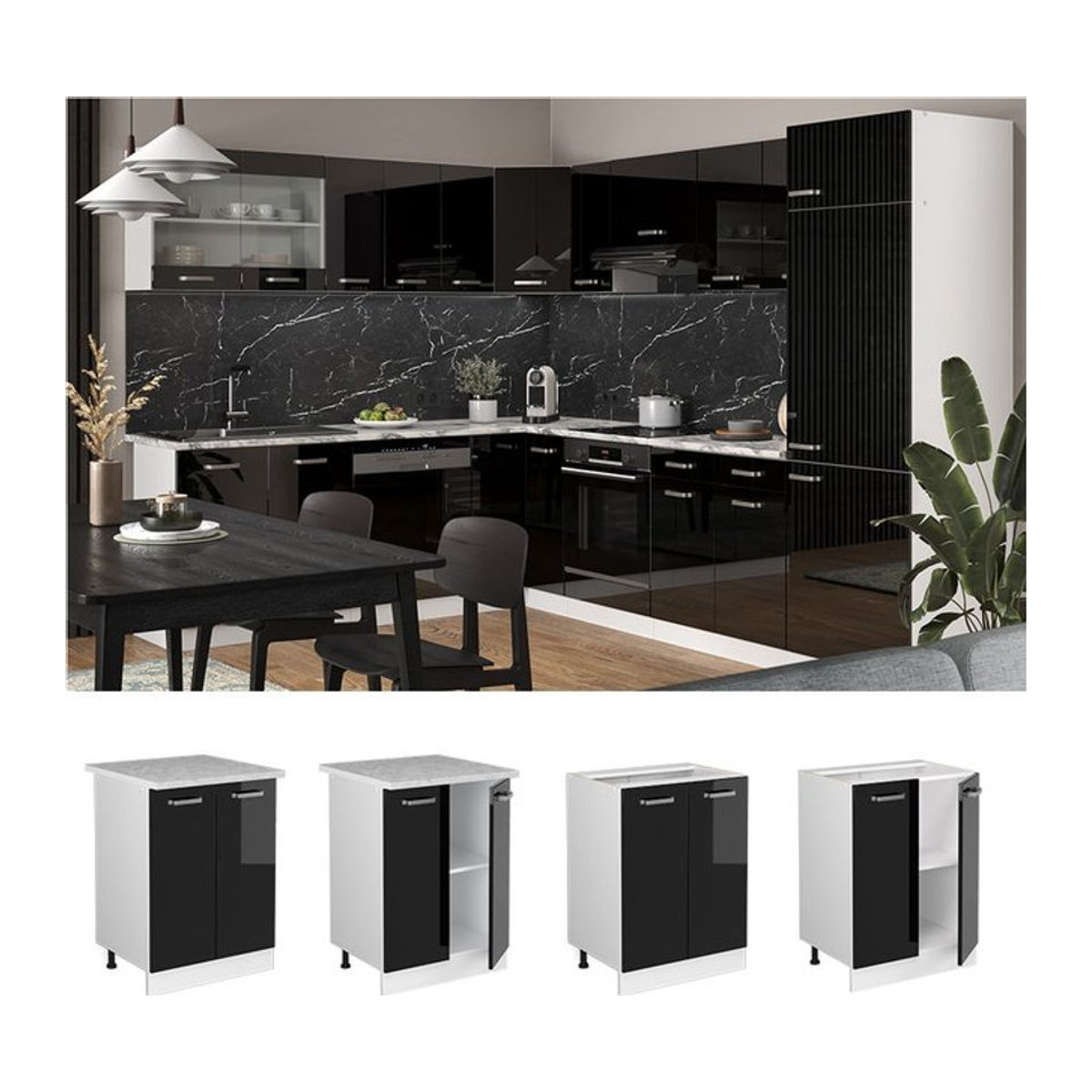 Vicco R-Line Solid Küchenunterschrank mit Drehtüren in Weiß und Schwarz, Breite: 60 cm - Bild 1