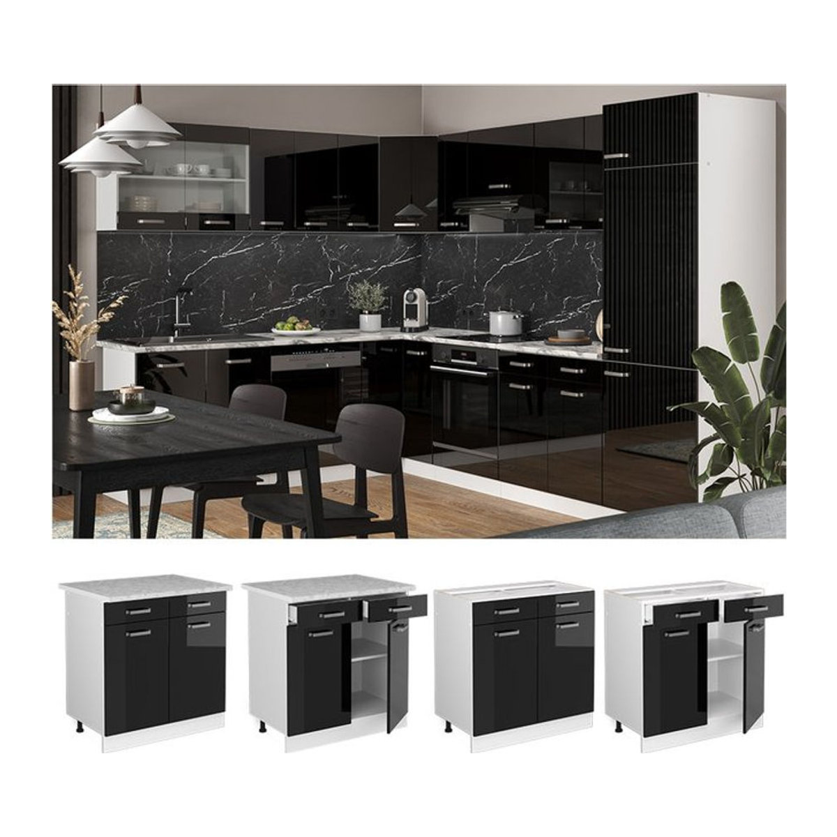 Vicco R-Line Solid Küchenunterschrank mit Drehtüren in Weiß und Schwarz, Breite: 80 cm - Bild 1