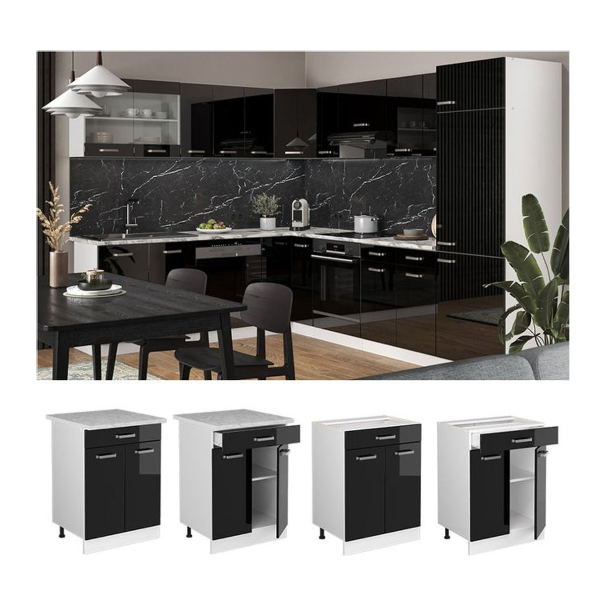 Vicco R-Line Solid Küchenunterschrank mit Drehtüren in Weiß und Schwarz, modern, Breite: 60 cm - Bild 1