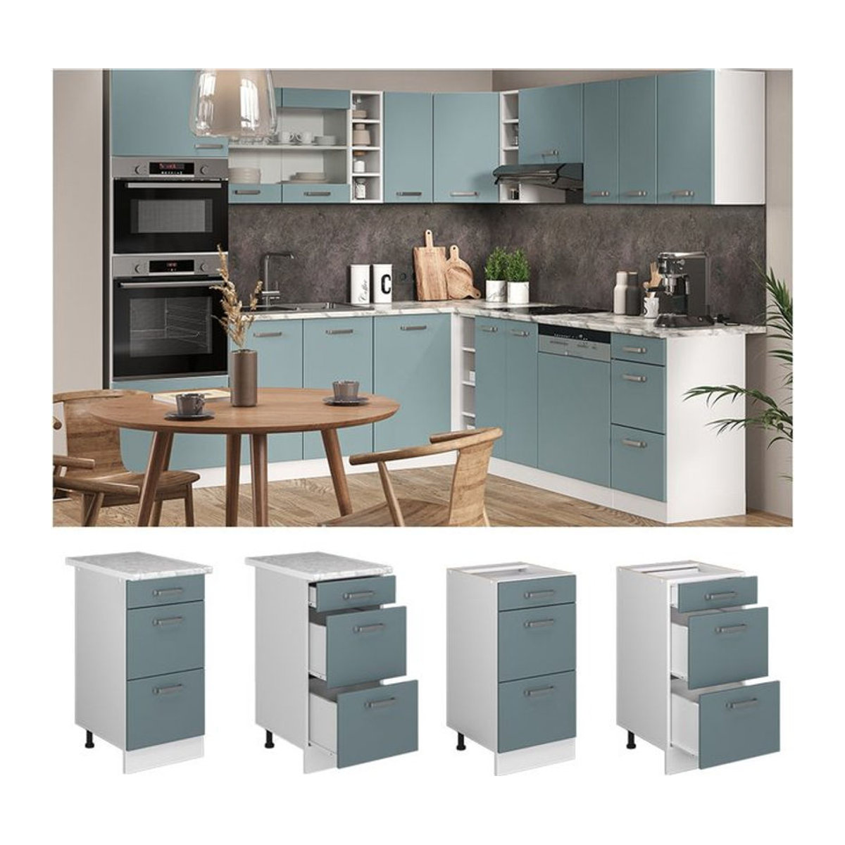 Vicco R-Line Solid Küchenunterschrank mit Schubladen in Weiß, Blau und Grau, Breite: 40 cm, modern - Bild 1