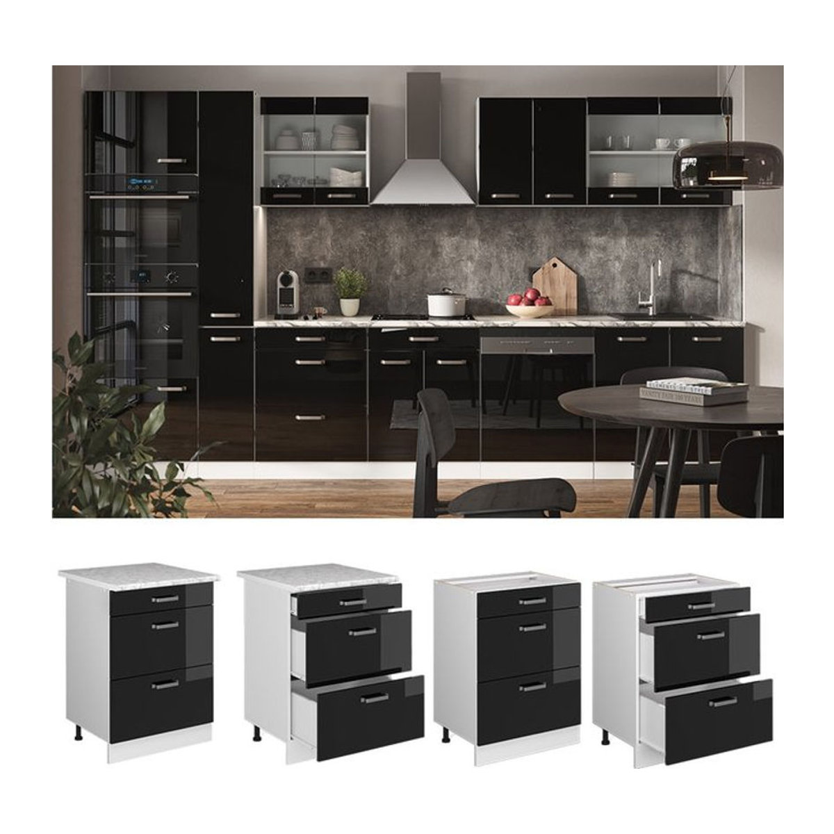 Vicco R-Line Solid Küchenunterschrank mit Schubladen in Weiß und Schwarz, modern, Breite: 60 cm - Bild 1