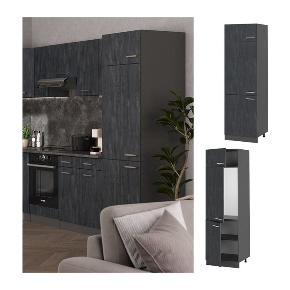 Vicco R-Line Vorratsschrank Kühlumbauschrank Modern Schwarz Anthrazit Beton Breite: 60 cm, Höhe: 210,72 cm - Bild 1