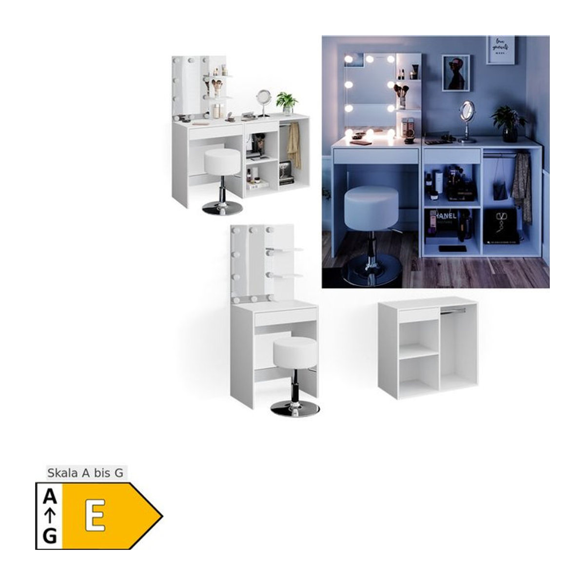 Vicco Schminktisch Isabelle in Weiß mit LED-Beleuchtung, Hocker und Beistellschrank - Bild 1