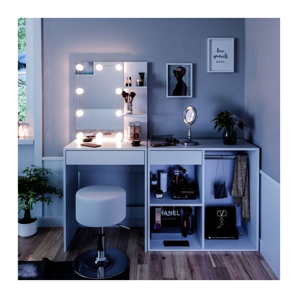 Vicco Schminktisch Isabelle in Weiß mit LED-Beleuchtung, Hocker und Beistellschrank - Bild 2