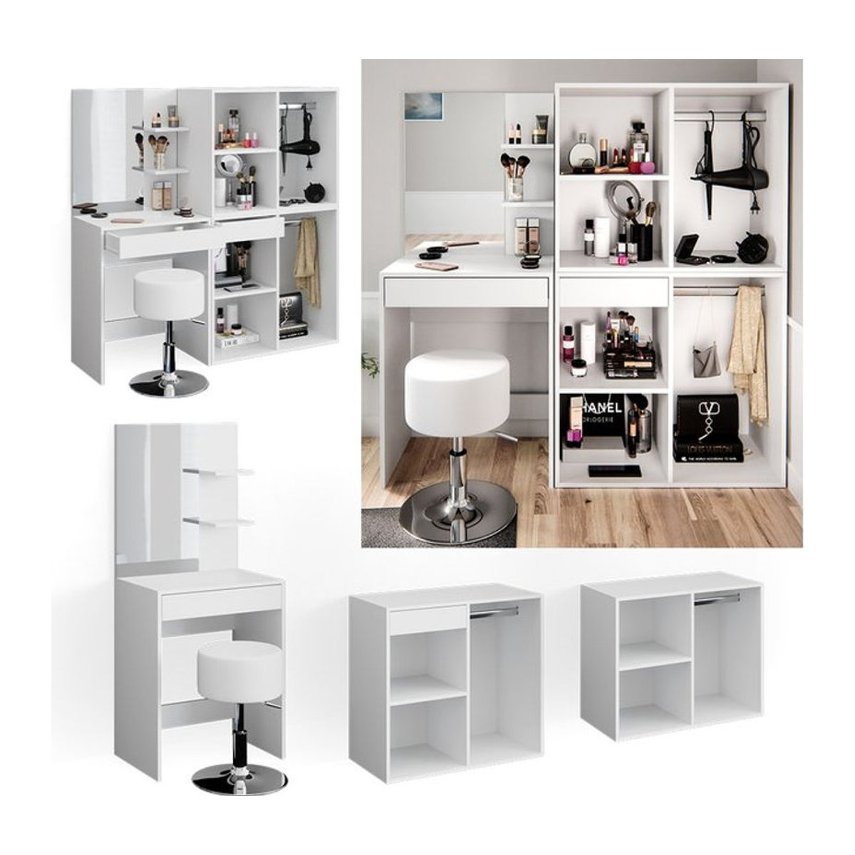Vicco Schminktisch Isabelle mit Hocker und Beistellschrank in Weiß - Bild 1