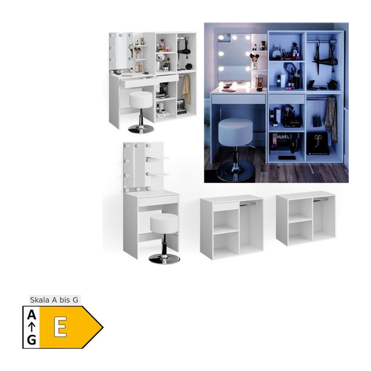 Vicco Schminktisch Isabelle mit LED-Beleuchtung, Hocker und Beistellschrank in Weiß - Bild 1