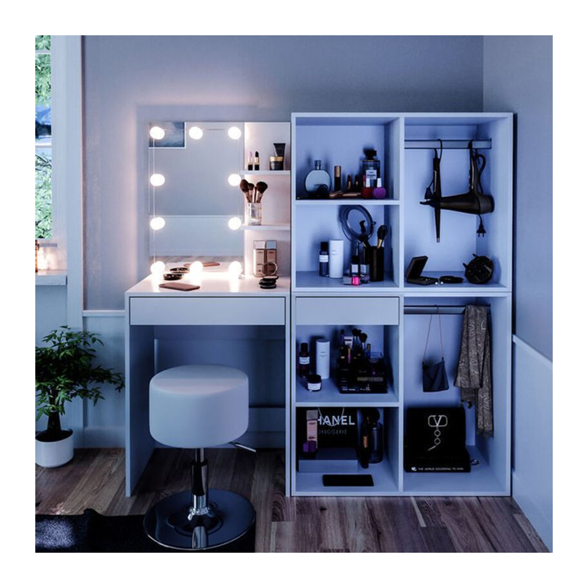 Vicco Schminktisch Isabelle mit LED-Beleuchtung, Hocker und Beistellschrank in Weiß - Bild 2