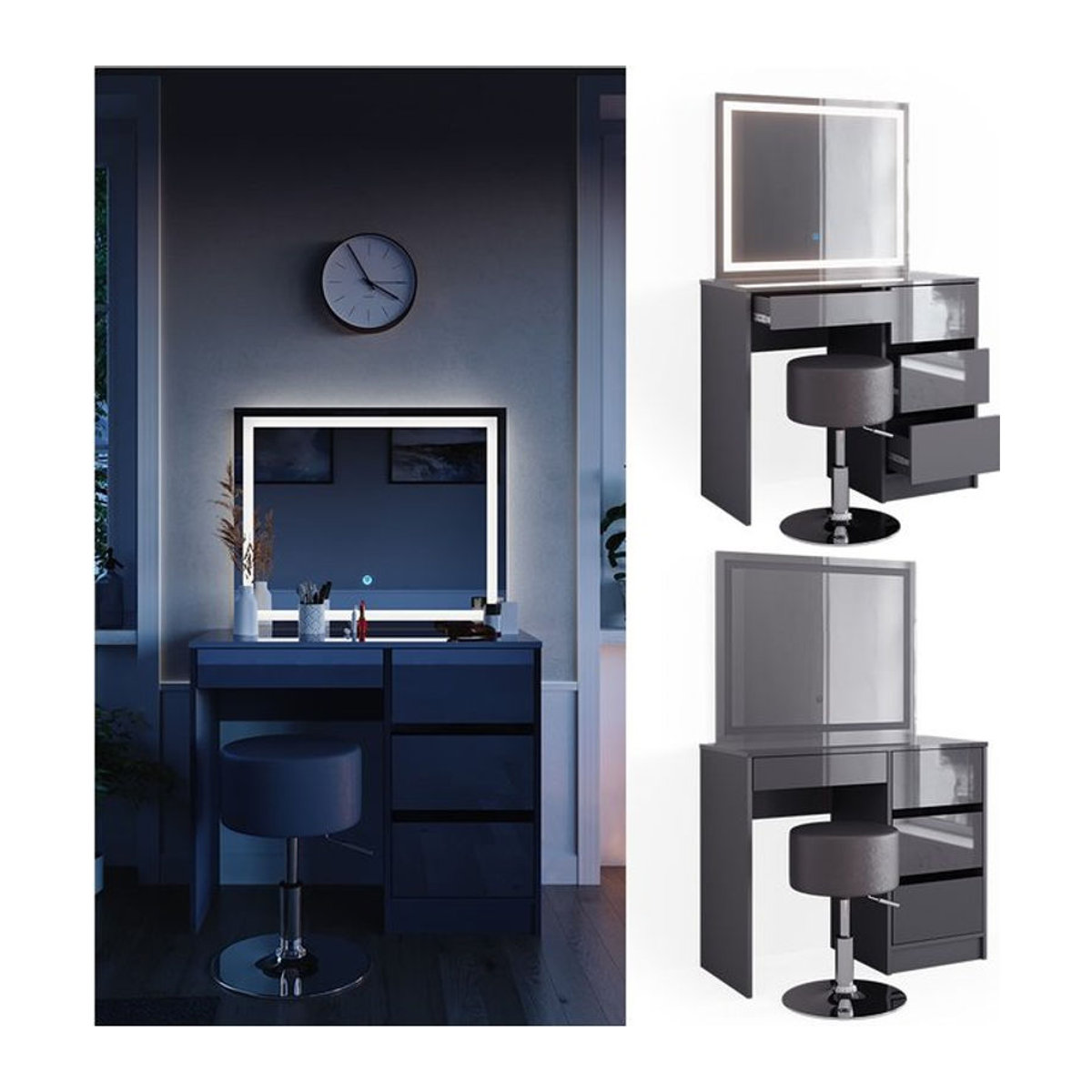 Vicco Schminktisch Sherry Anthrazit Hochglanz mit LED-Spiegel und Hocker B: 90 cm, H: 75 cm - Bild 1