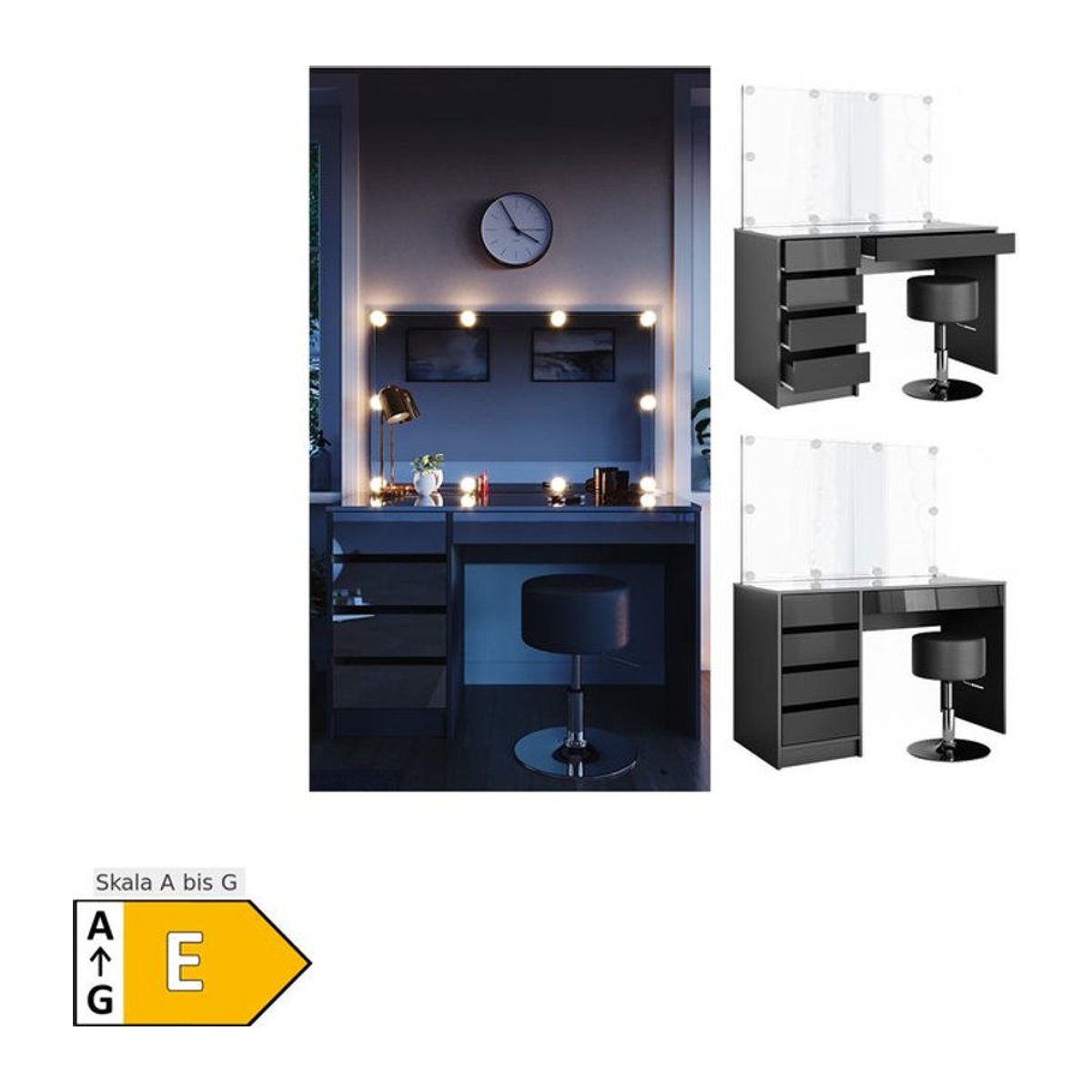 VICCO Schminktisch Sherry in Anthrazit Hochglanz mit LED Spiegel und Hocker - Bild 1