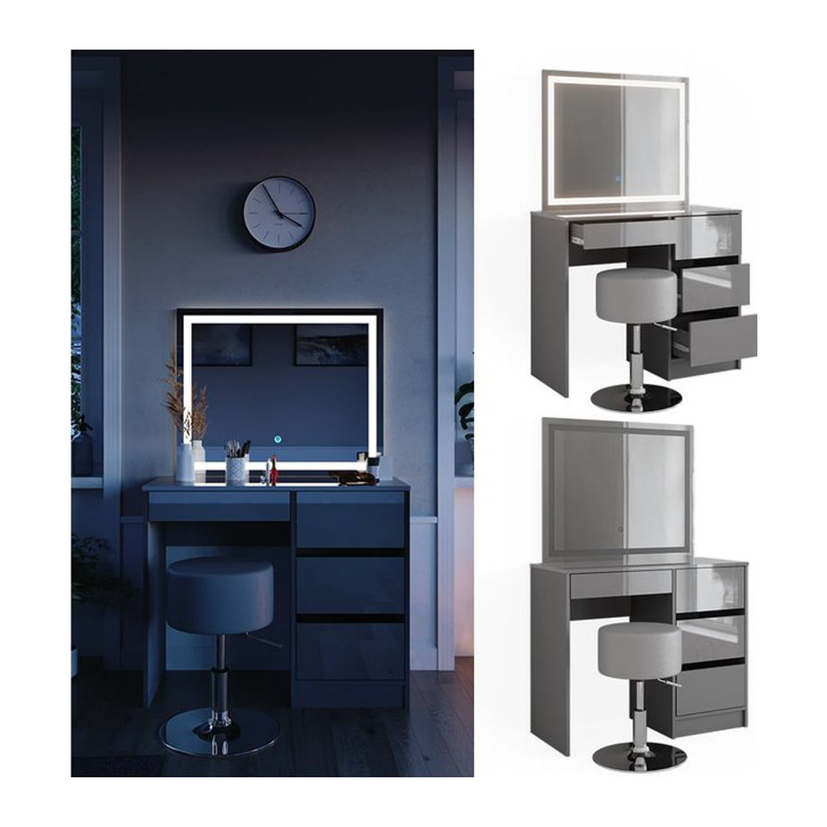 Vicco Schminktisch Sherry in Grau Hochglanz mit LED-Spiegel und Hocker, B: 90 cm, H: 75 cm - Bild 1