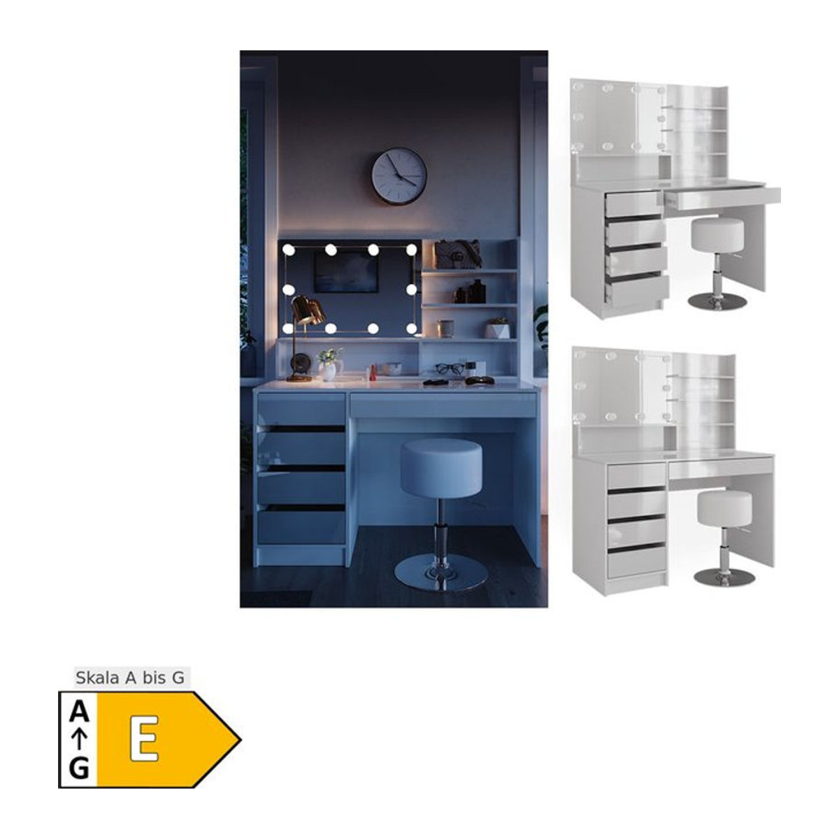 Vicco Schminktisch Sherry in Weiß Hochglanz mit LED-Spiegelregal und Hocker - Bild 1
