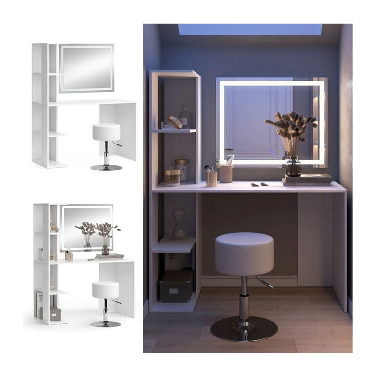 Vicco Schminktisch Tower Weiß mit LED-Spiegel und Hocker B: 122 cm, T: 55 cm - Bild 1