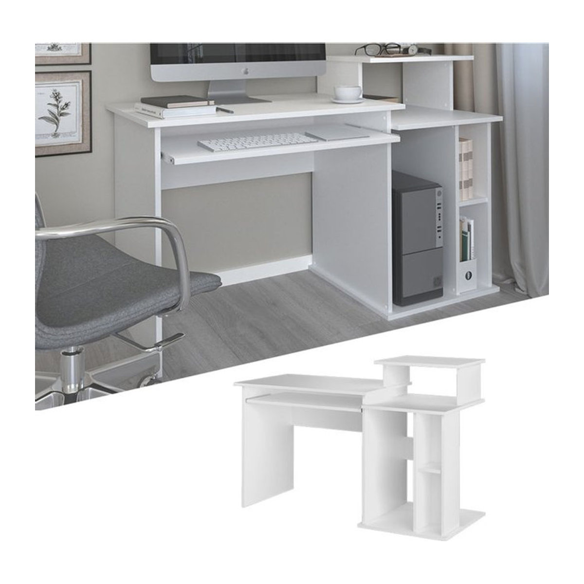 Vicco Schreibtisch Jan Weiß mit Tastaturablage und Fächern B/T: 130 x 55 cm - Bild 1