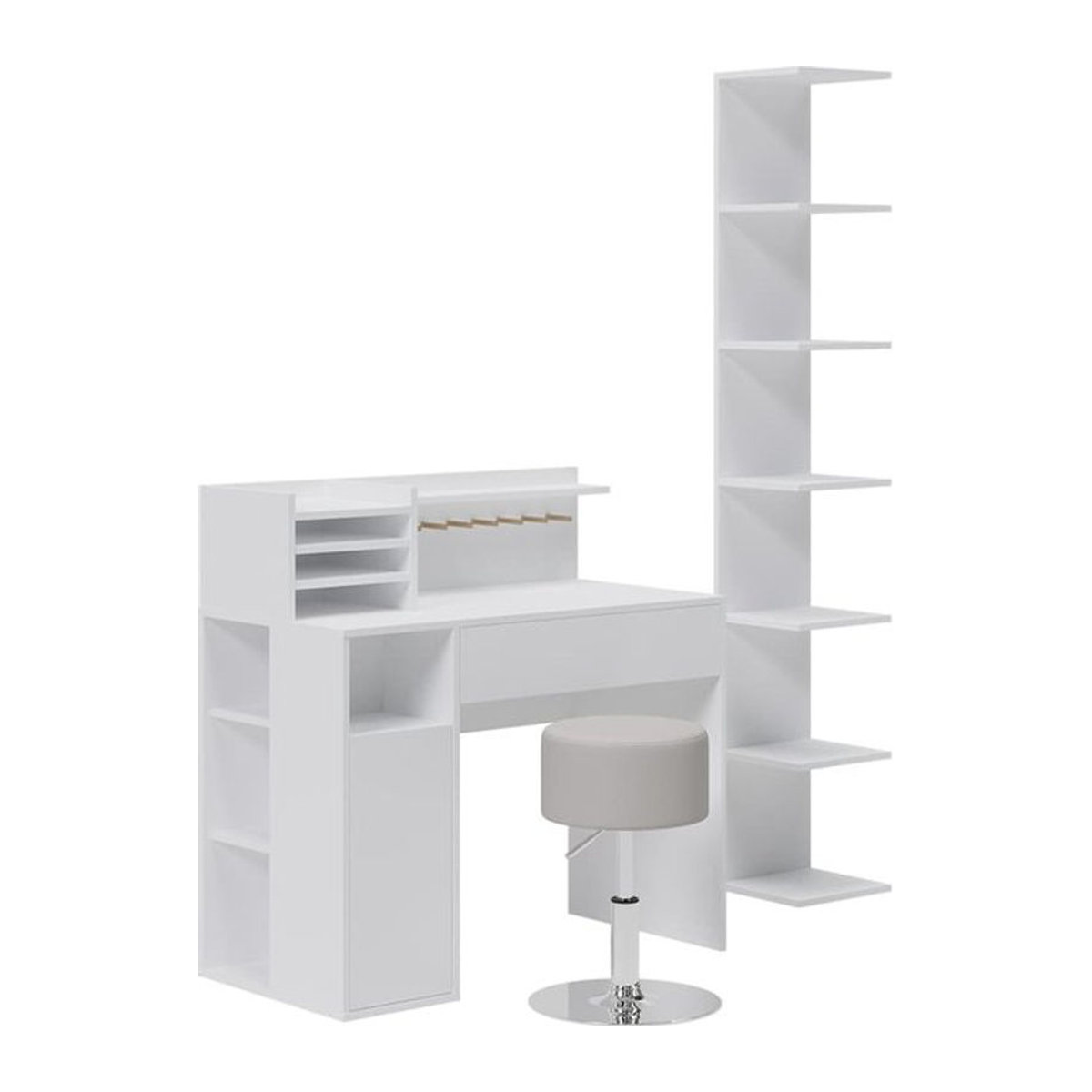 Vicco Schreibtisch Set in Weiß mit Bücherregal und Hocker, minimalistisches Design mit Metallkomponenten - Bild 1