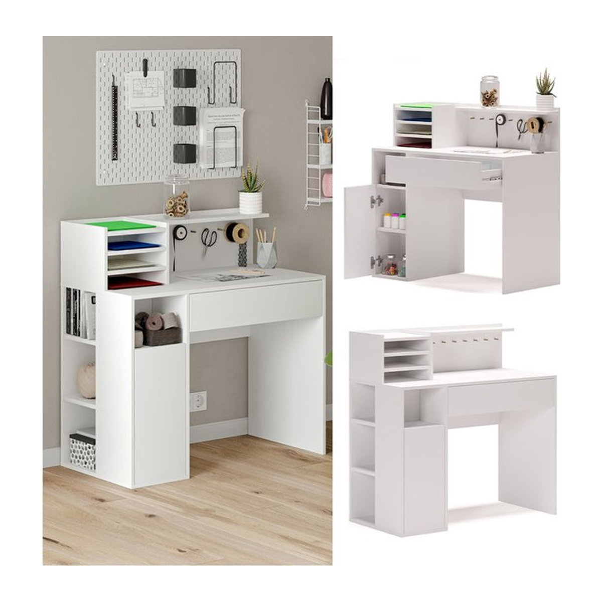 Vicco Schreibtisch und Basteltisch in Weiß mit Ablagen, minimalistisches Design, rechteckig aus Holzwerkstoff und Kunstharz - Bild 1