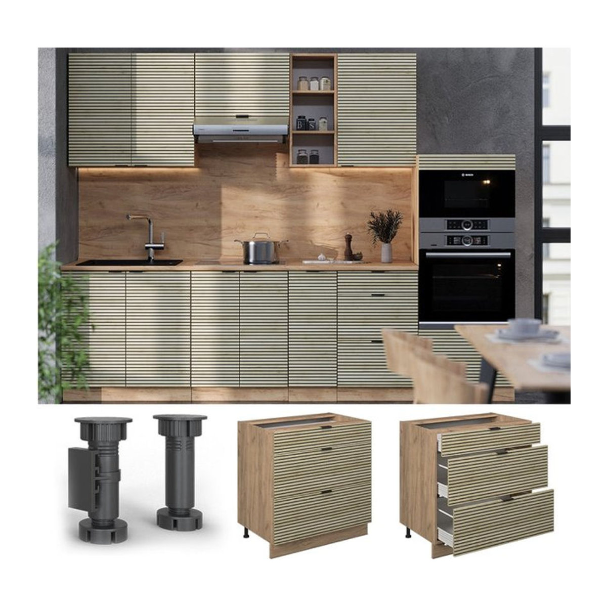 Vicco Schubladenunterschrank Fame-Line in Eiche Natur mit Marmor-Weißer Arbeitsplatte Breite: 80 cm - Bild 1