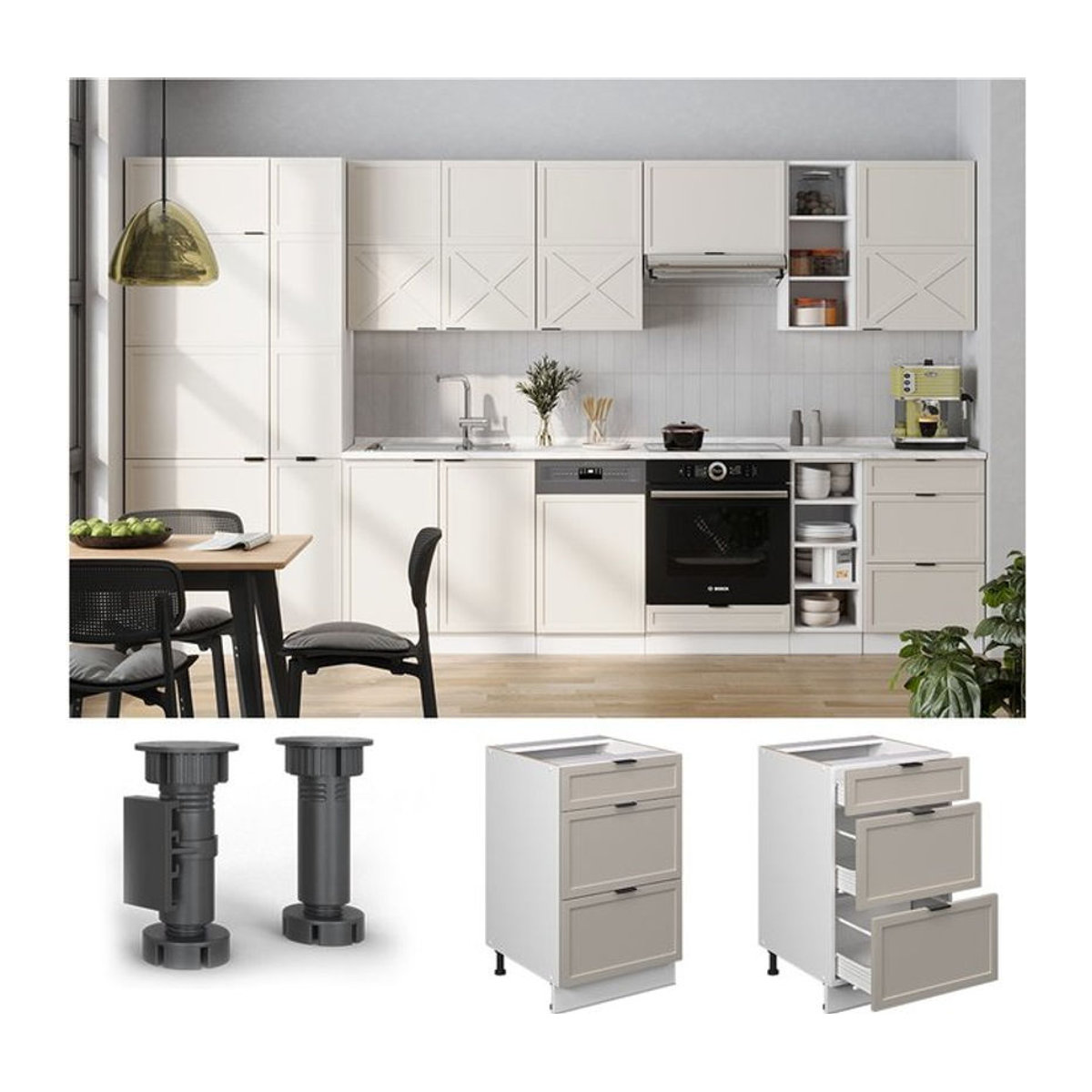 Vicco Schubladenunterschrank Fame-Line in Weiß, Grau und Beige mit Arbeitsplatte in Eiche Natur, Breite: 50 cm - Bild 1