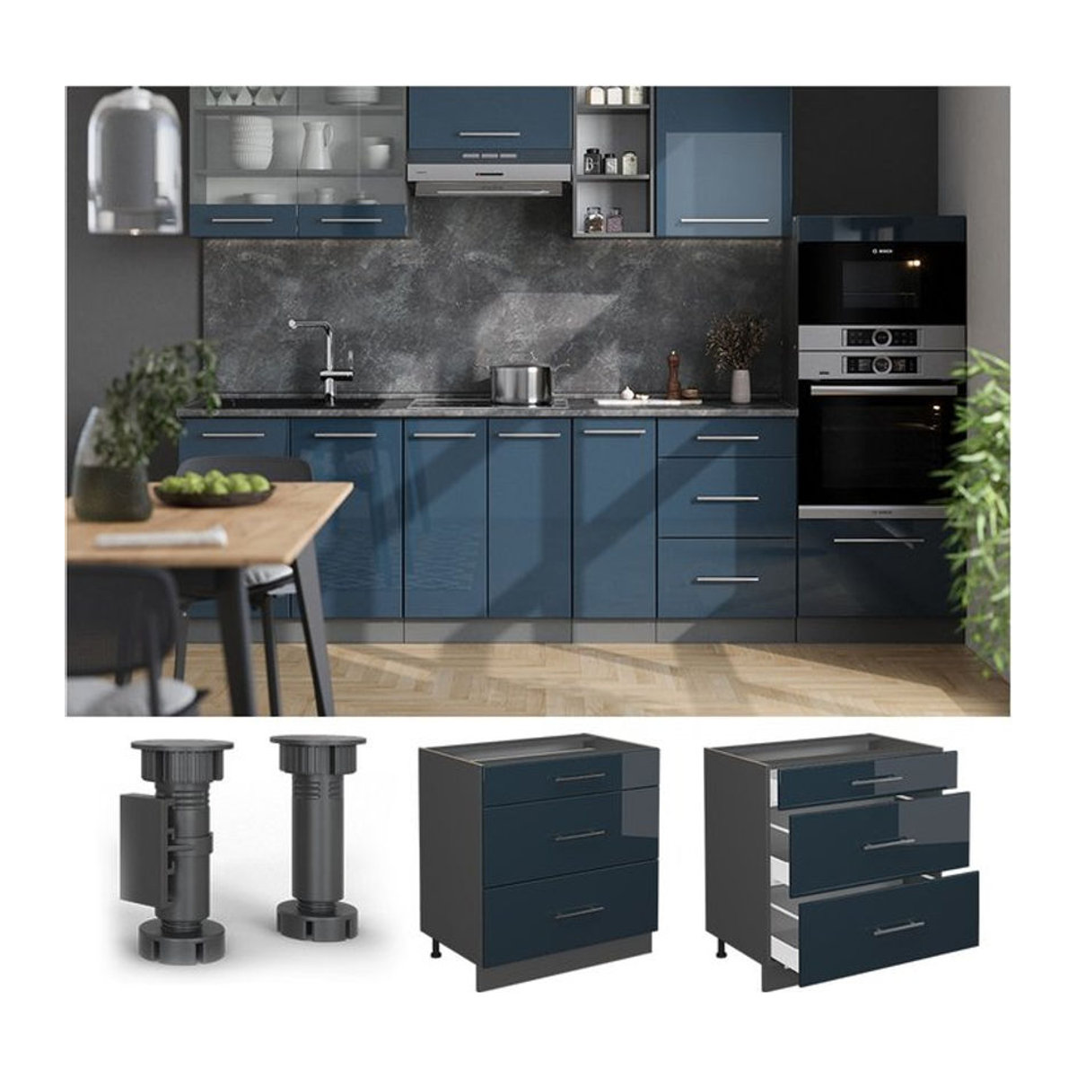 Vicco Schubladenunterschrank Fame-Line Kommode in Anthrazit und Dunkelblau Hochglanz mit Arbeitsplatte in Eiche Natur, Breite: 80 cm - Bild 1