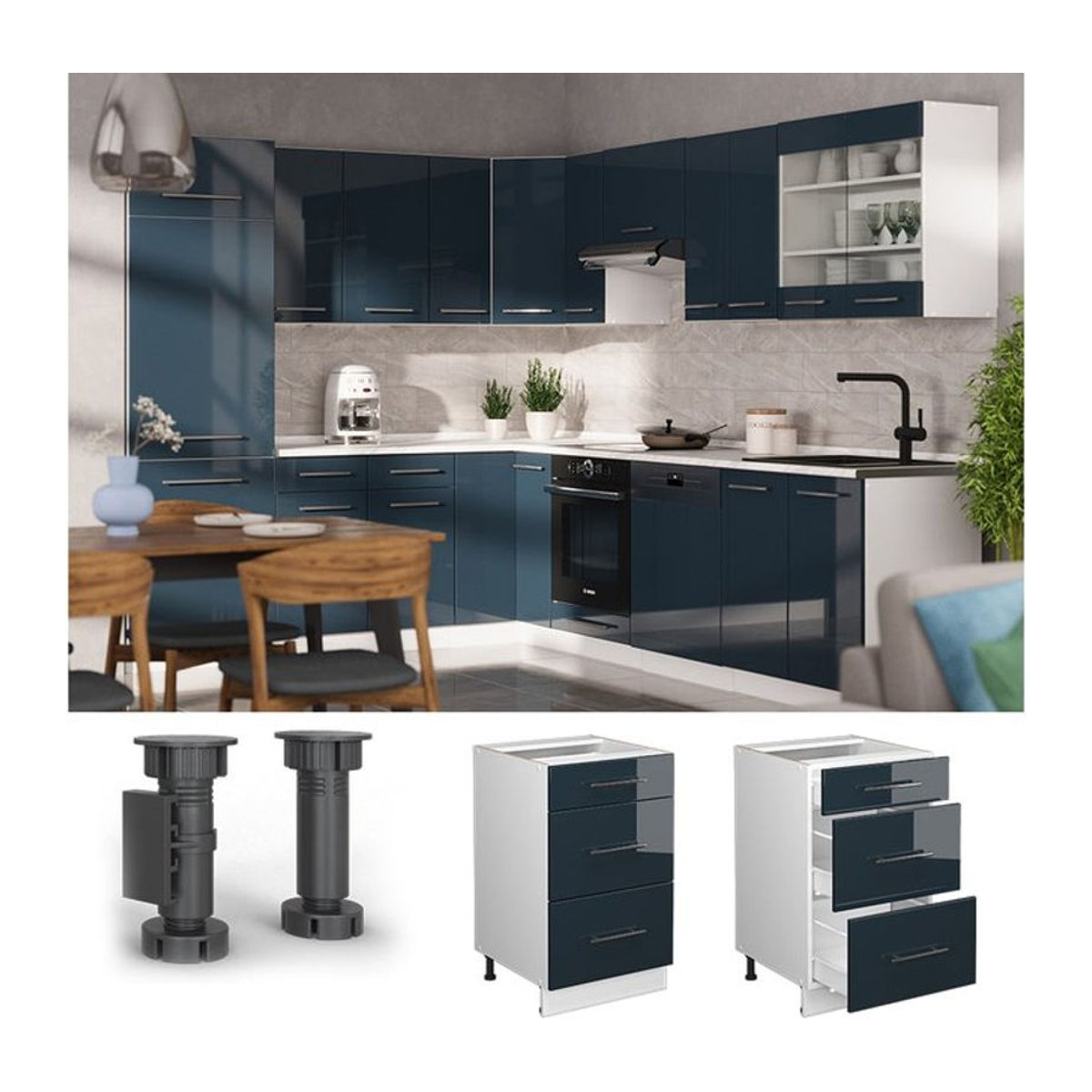 Vicco Schubladenunterschrank Fame-Line Modern in Weiß und Dunkelblau Hochglanz mit Arbeitsplatte in Eiche, Breite: 50 cm - Bild 1