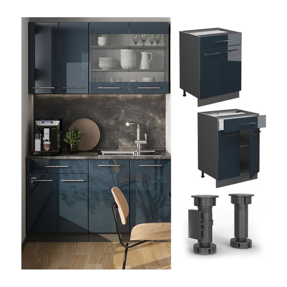 Vicco Schubunterschrank Fame-Line in Anthrazit und Dunkelblau Hochglanz mit Arbeitsplatte, Breite: 60 cm - Bild 1