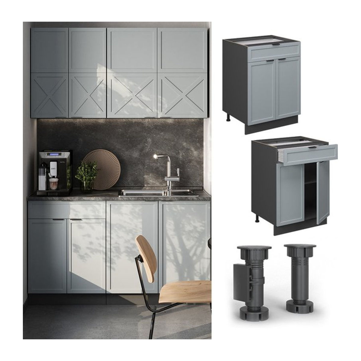 Vicco Schubunterschrank Fame-Line in Anthrazit und Hellblau-Grau mit Arbeitsplatte in Eiche Natur, Breite: 60 cm - Bild 1