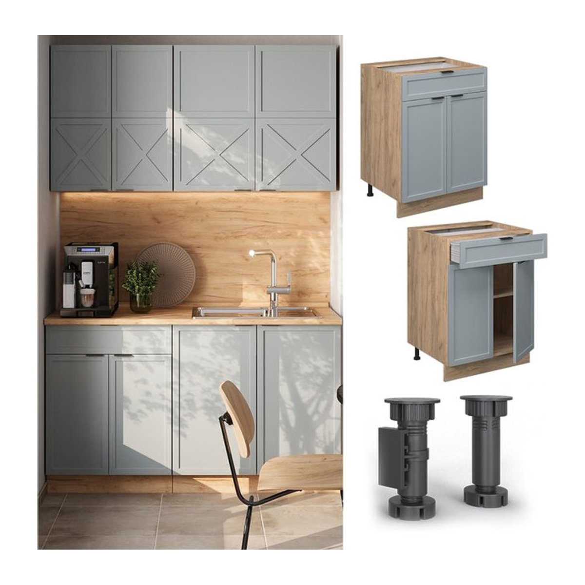 Vicco Schubunterschrank Fame-Line in Eiche Natur und Grau mit Arbeitsplatte, Breite: 60 cm - Bild 1