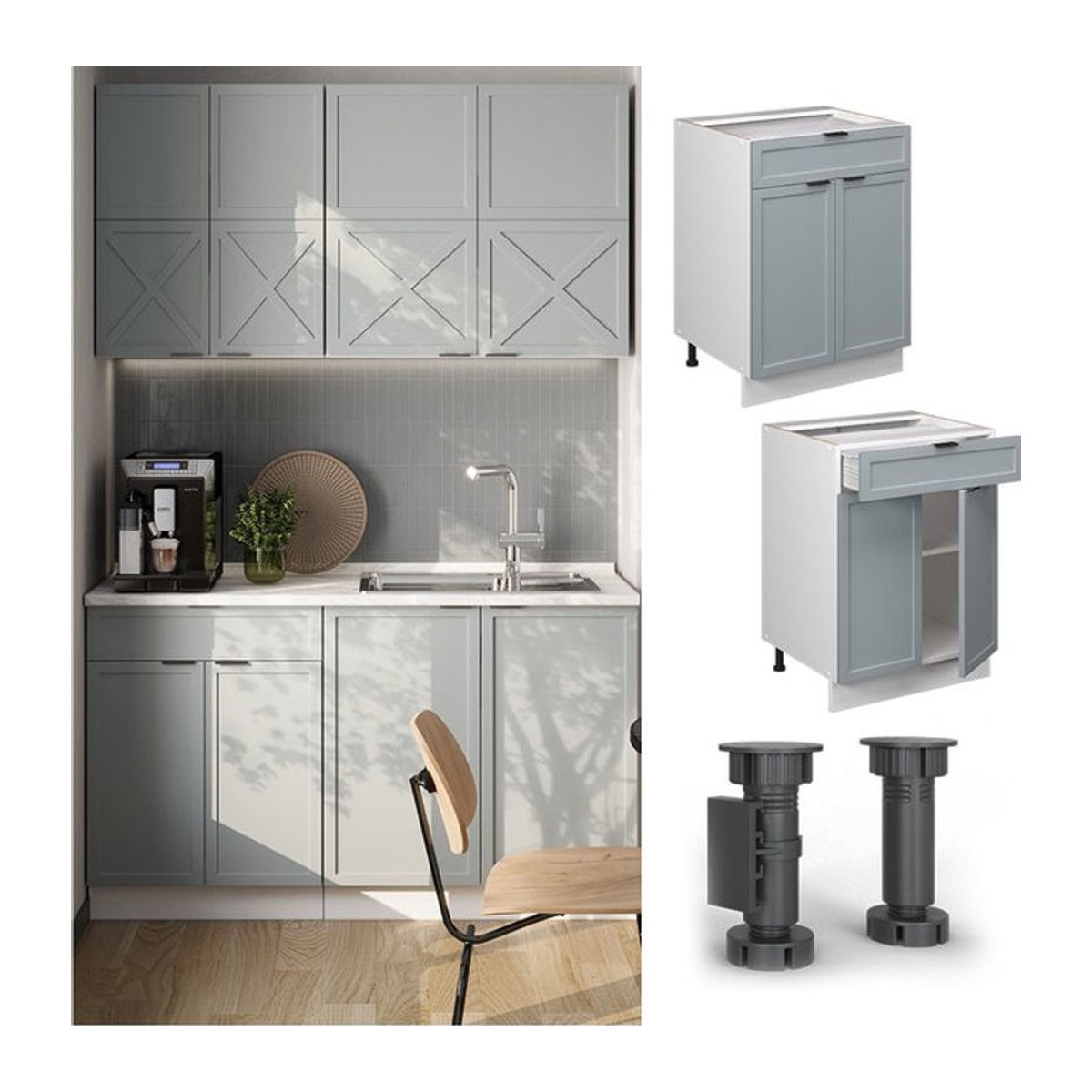 Vicco Schubunterschrank Fame-Line in Weiß, Hellblau-Grau mit Arbeitsplatte in Eiche Natur, Breite: 60 cm - Bild 1