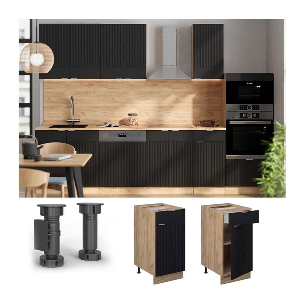 Vicco Schubunterschrank Fame-Line Modern in Eiche Schwarz gestreift mit Arbeitsplatte Anthrazit - Bild 1