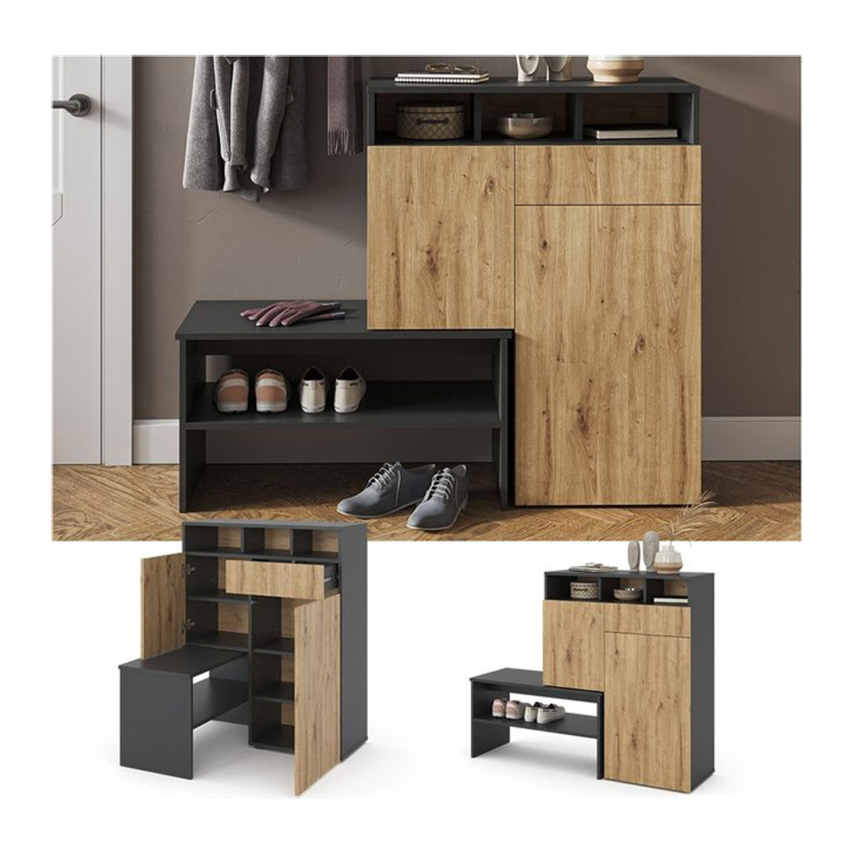 Vicco Schuhschrank Selena Sitzbank in Anthrazit Eiche, modern, B/H: 125 x 35 cm - Bild 2