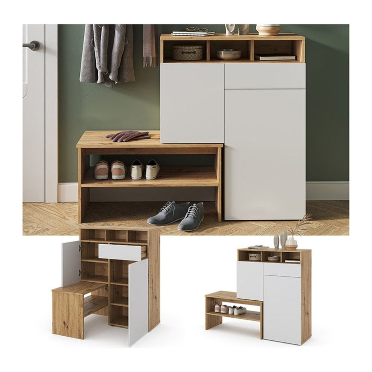 Vicco Schuhschrank Selena Sitzbank in Eiche Natur und Weiß mit Drehtüren, Breite: 125 cm, Höhe: 102 cm - Bild 1