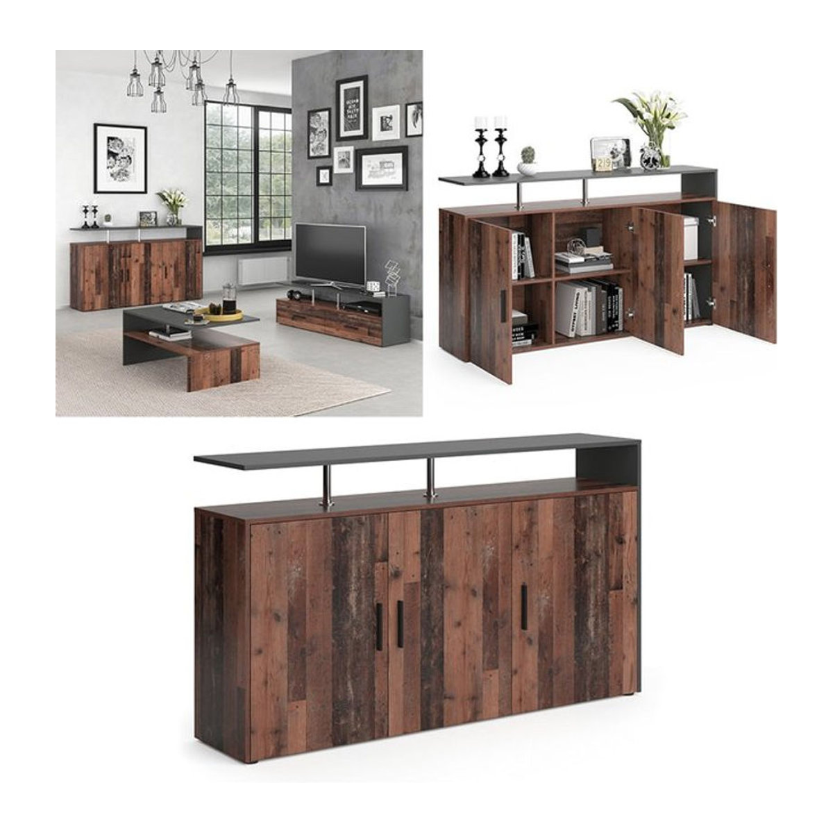 Vicco Sideboard Amato Kommode Highboard in Anthrazit und Braun im Retro Industrial Design - Bild 1