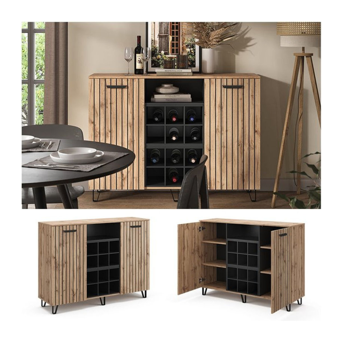 Vicco Sideboard Amber in Eiche Natur im skandinavischen Design mit 2 Türen, Breite: 134 cm, Höhe: 100 cm - Bild 1