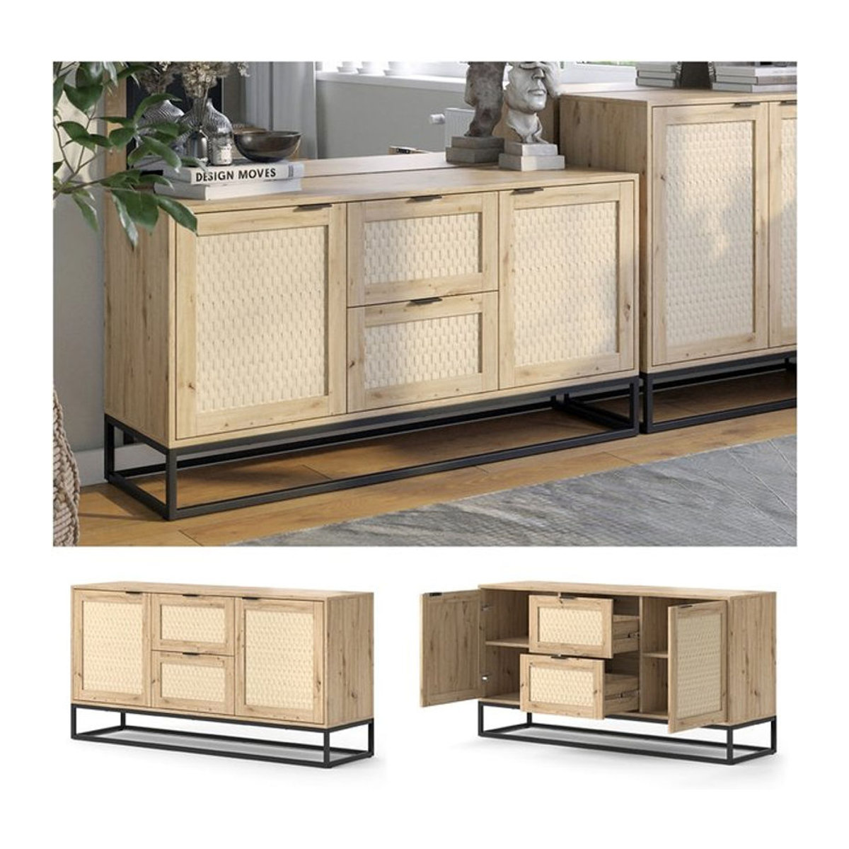 Vicco Sideboard Natal in Eiche Natur im skandinavischen Design mit 2 Türen und 2 Schubladen, Breite: 140 cm, Höhe: 72 cm - Bild 1
