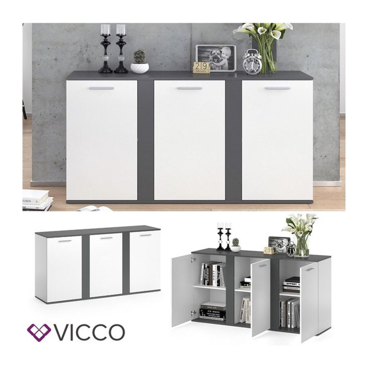 Vicco Sideboard Novelli in Weiß und Anthrazit mit 3 Türen, B: 155 cm, H: 80 cm, T: 40 cm - Bild 1