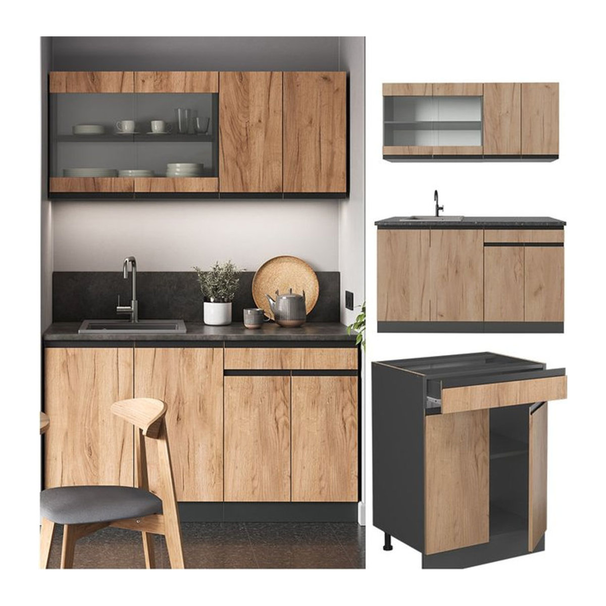 Vicco Singleküche R-Line J-Shape in Anthrazit und Eiche Natur, 140 cm Breite - Bild 1