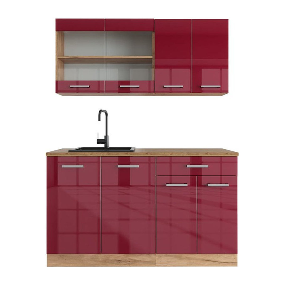 Vicco Singleküche R-Line Küchenzeile in Bordeaux Hochglanz und goldkraft Eiche mit einer Breite von 140 cm - Bild 1