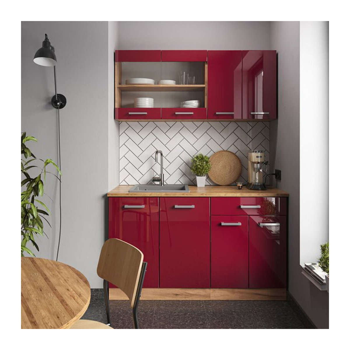 Vicco Singleküche R-Line Küchenzeile in Bordeaux Hochglanz und goldkraft Eiche mit einer Breite von 140 cm - Bild 2