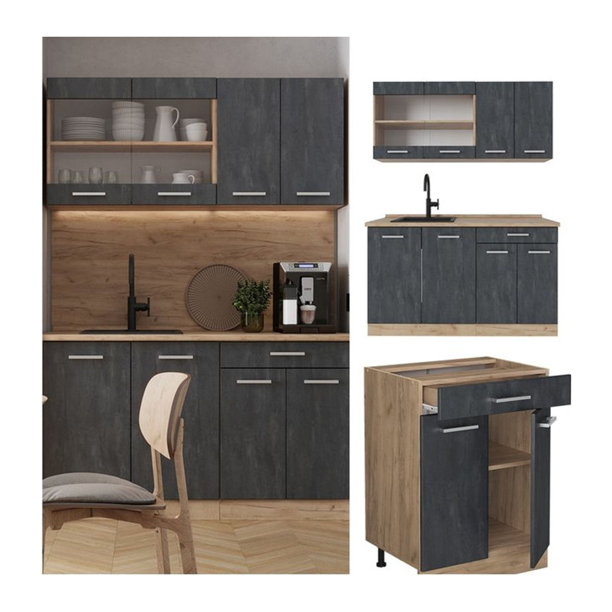 Vicco Singleküche R-Line Küchenzeile in Schwarz, Beton und Eiche Natur, Breite: 140 cm - Bild 1